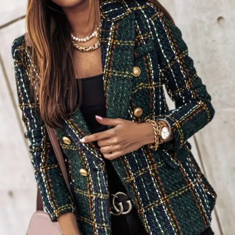 ✨NEW✨Women's Elegant Plaid Double Button Blazer Jacket - Black/Green - L